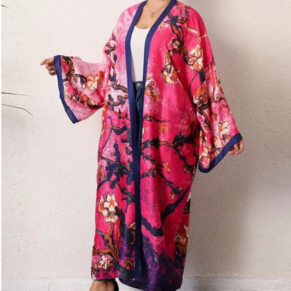 Cherry Blossom Kimono Pink Full Length Vacation Wear Beach Cover Up - Picture 4 of 5